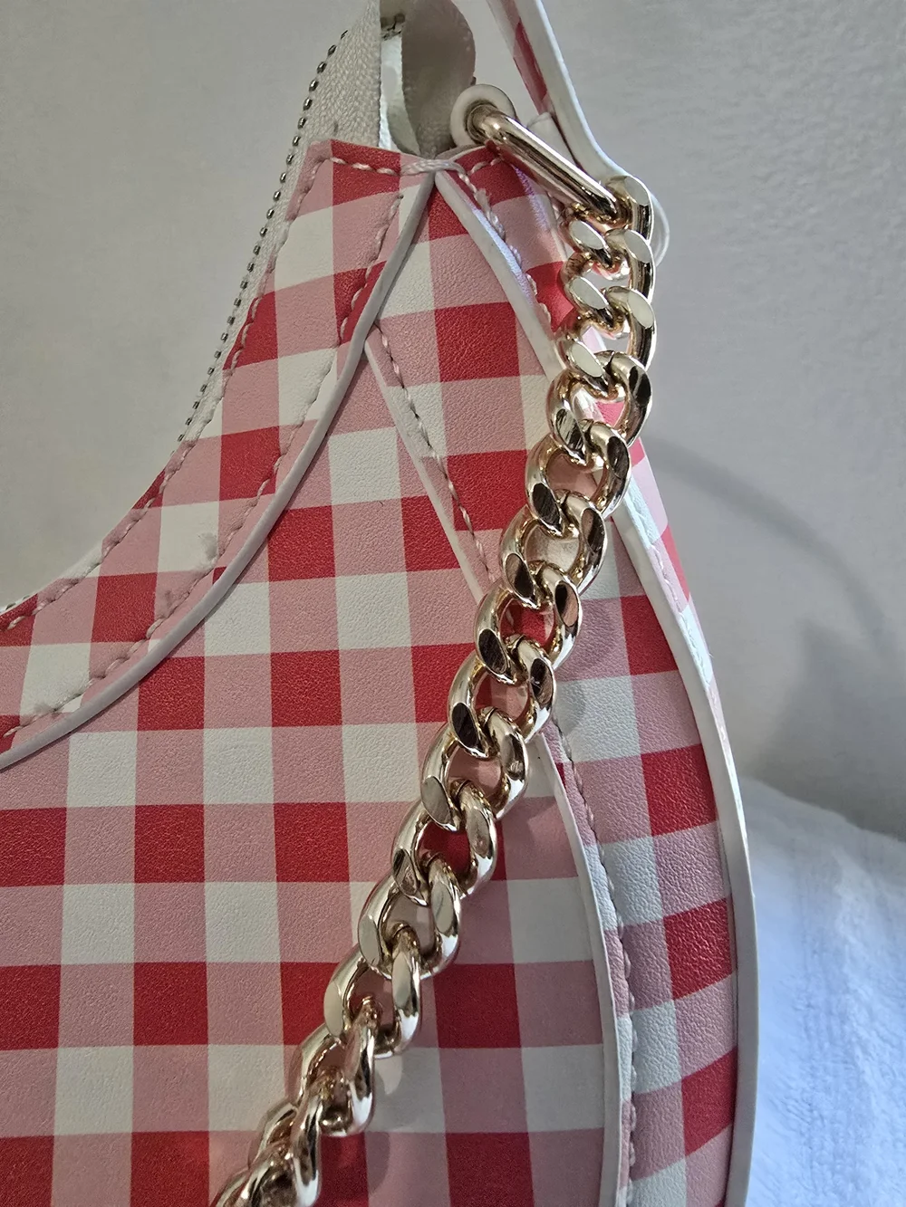 Aldo Red and White Gingham Crescent Shoulder Bag with Gold Chain